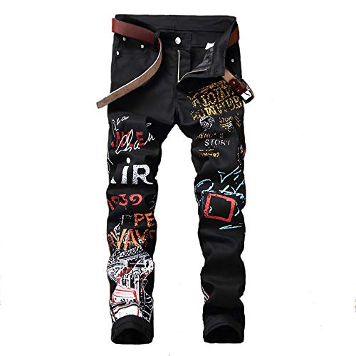 Loeay High Street Fashion Herren Jeans Nachtclub Schwarz Personal Design Gedruckt Herren Jeans Punk Skinny Hosen Hip Hop Jeans schwarz 38 von Loeay