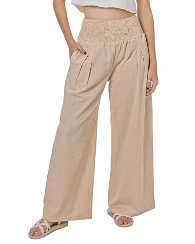 Lofbaz Damen Sommer Fließend Baumwolle Leinen Palazzo Weite Hosen Strand Hohe Taille Hose Boho Lange Loungehose mit Taschen Khaki 2XL von Lofbaz