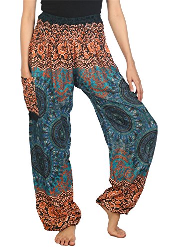 Lofbaz Haremshose Damen Boho Yogahose Pumphose Hippie Hose Kleidung Festival Outfit Sommerhose Leicht Sommer Hosen - Rose 2 Teal Grün 3XL Große Größen von Lofbaz