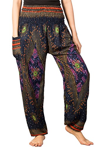 Lofbaz Damen Haremshose Festival Boho Outfit Yogahose Sommerhose Leicht Pumphose Hippie Hose Kleidung Sommer Hosen - Floral 1 Dunkelblau 4XL Große Größen von Lofbaz