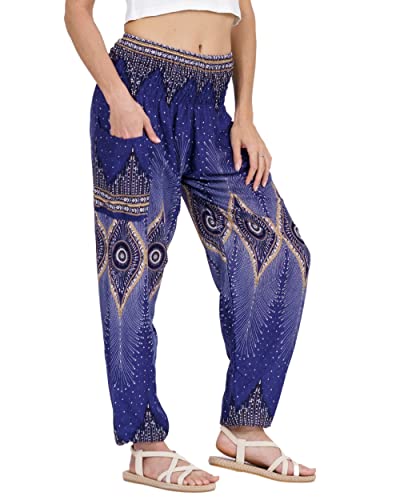 Lofbaz Damen Haremshose Yogahose Pumphose Hippie Hose Boho Kleidung Festival Outfit Sommerhose Leicht Sommer Hosen - Floral 2 Blau XXL Große Größen von Lofbaz