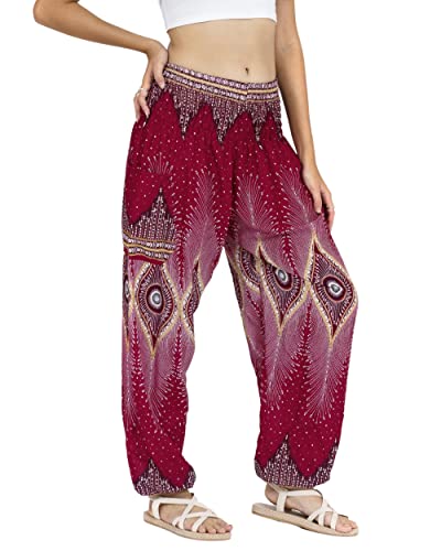 Lofbaz Damen Haremshose Yogahose Pumphose Hippie Hose Boho Kleidung Festival Outfit Sommerhose Leicht Sommer Hosen - Floral 2 Burgund 3XL Große Größen von Lofbaz