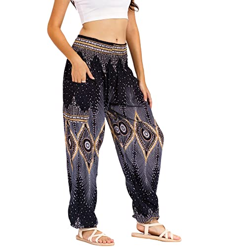 Lofbaz Damen Haremshose Yogahose Pumphose Hippie Hose Boho Kleidung Festival Outfit Sommerhose Leicht Sommer Hosen - Floral 2 Schwarz XL von Lofbaz