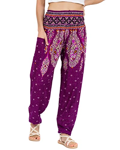 Lofbaz Damen Haremshose Yogahose Pumphose Hippie Hose Boho Kleidung Festival Outfit Sommerhose Leicht Sommer Hosen - Floral 3 Violett 4XL Große Größen von Lofbaz