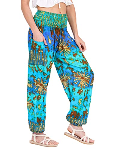 Lofbaz Damen Haremshose Yogahose Pumphose Hippie Hose Boho Kleidung Festival Outfit Sommerhose Leicht Sommer Hosen - Tie Dye Blau & Mint 3XL Große Größen von Lofbaz