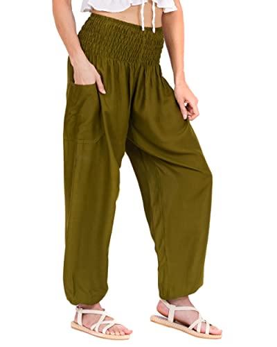 Lofbaz Damen Haremshose Yogahose Pumphose Hippie Hose Boho Kleidung Festival Outfit Sommerhose Leicht Sommer Hosen - Solid 1 Dunkelgrün XXL Große Größen von Lofbaz