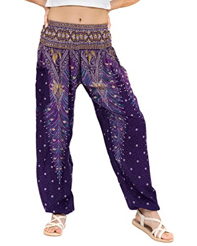 Lofbaz Damen Haremshose Yogahose Pumphose Hippie Hose Boho Kleidung Festival Outfit Sommerhose Leicht Sommer Hosen - Peacock 1 Violett M von Lofbaz