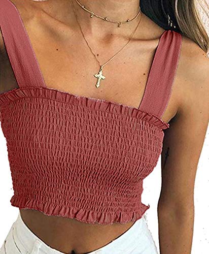 Lofbaz Damen Krause Smocked Ernte Panzer Oben Krawatte Schulter Gurt Weste - Rosa - XL von Lofbaz