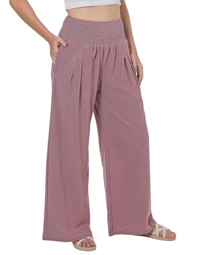 Lofbaz Damen Sommer Fließend Baumwolle Leinen Palazzo Weite Hosen Strand Hohe Taille Hose Boho Lange Loungehose mit Taschen Lila Rose M von Lofbaz