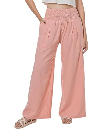 Lofbaz Damen Sommer Fließend Baumwolle Leinen Palazzo Weite Hosen Strand Hohe Taille Hose Boho Lange Loungehose mit Taschen Rosa Holzrose M von Lofbaz