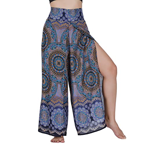 Lofbaz Schlitzbein Palazzo Yogahose für Frauen Mädchen Mutterschaft Summer Beach Hoch taillierte Boho Haremshose Damenbekleidung Blühende Blume Dunkelblau XL von Lofbaz