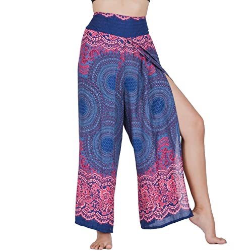 Lofbaz Schlitzbein Palazzo Yogahose für Frauen Mädchen Mutterschaft Summer Beach Hoch taillierte Boho Haremshose Damenbekleidung Rose 1 Dunkelblau S von Lofbaz