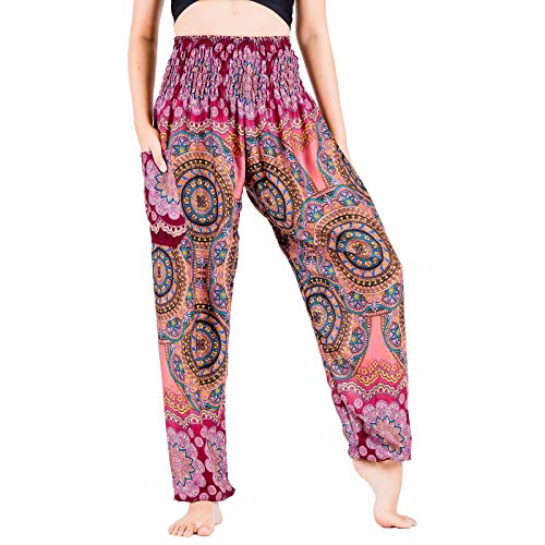 Lofbaz Yoga Boho Hosen für Damen Harem Hippie Kleidung Pyjamas Lounge Bekleidung Jogger Indian Bohemian Tanz Sommer Strand Blühende Blume Burgund XL von Lofbaz