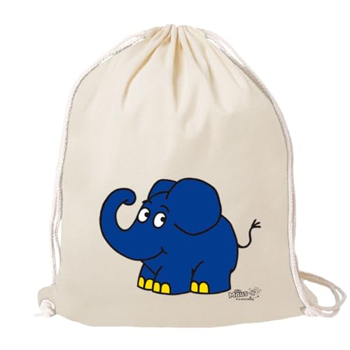 Logoshirt® Die Sendung mit der Maus I Elefant I Happy I Turnbeutel I Stoffbeutel I Stoffrucksack I bedruckt I natur I AZO-free I stabiler Kordelzug I Lizenziertes Design von Logoshirt