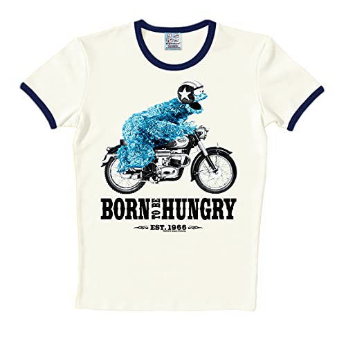 Logoshirt® Sesamstrasse I Krümelmonster I Motorrad I Born to Be Hungry I T-Shirt Print I Damen & Herren I kurzärmlig I Weiss I Lizenziertes Originaldesign I Größe L von Logoshirt