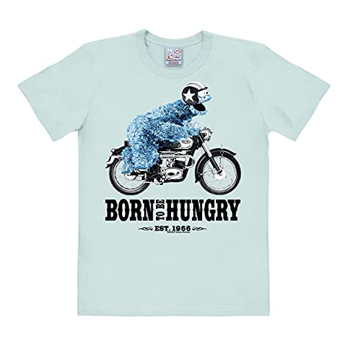 Logoshirt® Sesamstrasse I Krümelmonster I Motorrad I Born to Be Hungry I T-Shirt Print I Damen & Herren I kurzärmlig I hellblau I Lizenziertes Originaldesign I Größe S von Logoshirt