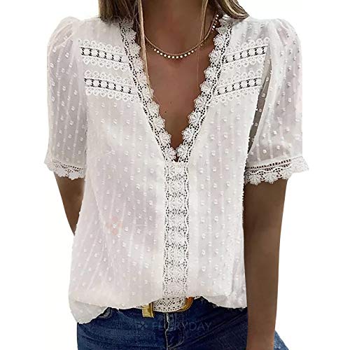 Bluse Damen Tupfen Chiffon Tunika Spitzenbesatz Kurzarm Locker Blusen Rüschen T-Shirt Elegante Tops V-Ausschnitt Oberteile Frühling Sommer Hemd für Frauen von Lomelomme