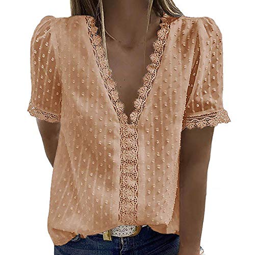 Damen Bluse Casual Kurzarm Frühling Sommer T-Shirt Hemd Spitzenbluse V-Ausschnitt Bequeme Weiß Oberteil Mit Spitze Oberteile Tunika Tops Blusen Sale Spitze Elegant Damenblusen Trachtenbluse von Lomelomme