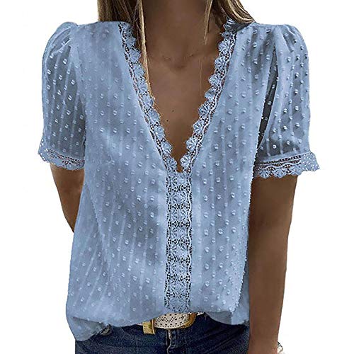 Damen Bluse Casual Kurzarm Frühling Sommer T-Shirt Hemd Spitzenbluse V-Ausschnitt Bequeme Weiß Oberteil Mit Spitze Oberteile Tunika Tops Blusen Sale Spitze Elegant Damenblusen Trachtenbluse von Lomelomme