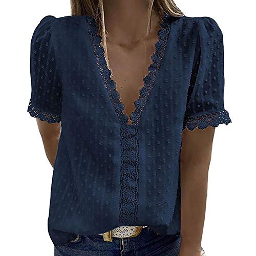 Damen Bluse Casual Kurzarm Frühling Sommer T-Shirt Hemd Spitzenbluse V-Ausschnitt Bequeme Weiß Oberteil Mit Spitze Oberteile Tunika Tops Blusen Sale Spitze Elegant Damenblusen Trachtenbluse von Lomelomme