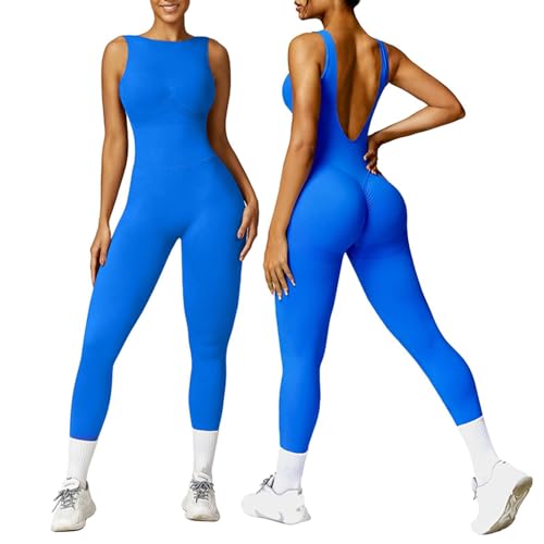 Lomelomme Damen Jumpsuit Flared Eng Scrunch Butt Bodysuit Lang Yoga Ärmellos Overall Sport Rückenfrei Einteiler Bootcut Onepiece Ganzkörperanzug Sexy Playsuits Gym Workout Bodycon Blau S von Lomelomme