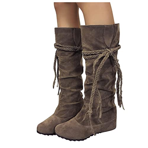 Lomelomme Hohe-Stiefel Elegant Damen-Stiefeletten Ankle Boots: Fransen Langschaft Winterschuhe Retro-Stil Quaste Reiterstiefel Schuhe Kniehohe Schuhe Runde Zehen Halblange Stiefel Winter Und Herbst von Lomelomme