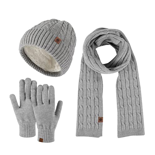 Mütze Schal Handschuh Set Für Damen Winter Fleecefutter Wollmütze Skihandschuhe Wintermütze Lang Thermo Strickschal Loop Schal Gefüttert Outdoor Strickmütze Winterschal von Lomelomme