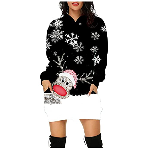 Weihnachts Pullover Kleid Lustig Christmas Longpullover für Damen Langarm mit Weihnachten Motiv 3D Gedruckt Weihnachtspullover Weihnachtspulli Sweatshirt Pulli Mini Kleid von Lomelomme