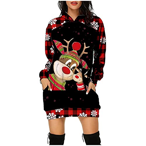 Weihnachts Pullover Kleid Lustig Christmas Longpullover für Damen Langarm mit Weihnachten Motiv 3D Gedruckt Weihnachtspullover Weihnachtspulli Sweatshirt Pulli Mini Kleid von Lomelomme