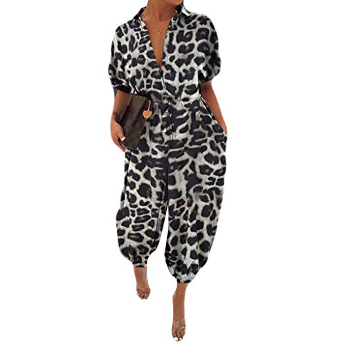 Jumpsuit Damen Schlafanzug Groß Frauen-Leopard-Druck-dünne Lange Knopf-Spielanzug-Kurzarm-Overalls Vogelhochzeit Kostüm von Lomhmn