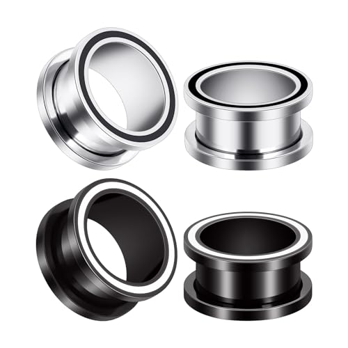 Longbeauty 4er Set Edelstahl Flesh Tunnel 316L Ohrtunnel Fleshtunnel Plugs Ohr Piercing Schmuck mit Schraubverschluss Schwarz Silber Herren Damen Expander Dehnschmuck, 19mm von Longbeauty