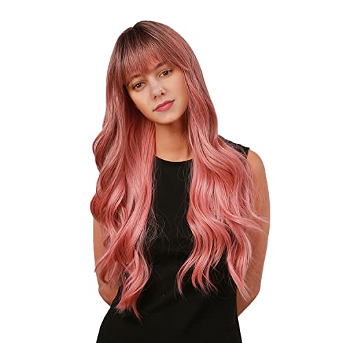 Longbest 24inch lange gewellte Perücken mit Bangs Ombre Rosa mit dunklen Wurzeln Hitzebeständige synthetische Perücken für Frauen Cosplay Perücke für Tag oder Party tragen von Longbest