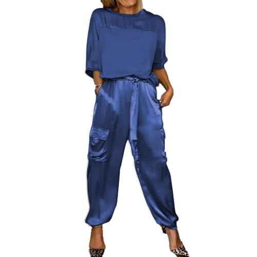 Longfsp Damen-Set, glattes Satin, halblange Ärmel, Oberteil und Hose, lässiger Sommer, Satin, zweiteiliges Outfit, Jogger-Sets für Frauen, blau, 42 von Longfsp