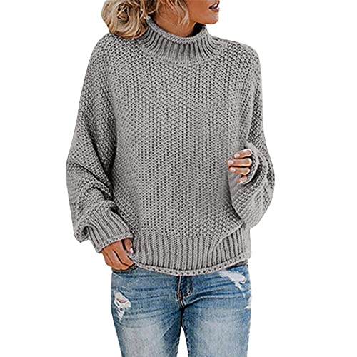 Herbst Winter Strickpullover Pullover Rollkragenpullover Strick Pullover Rollkragen Strickpulli Winterpullover Grobstrick-Pullover Vintage Grobstrickpullover Sweater Outwear für Damen Pulli (Grey, L) von Longra