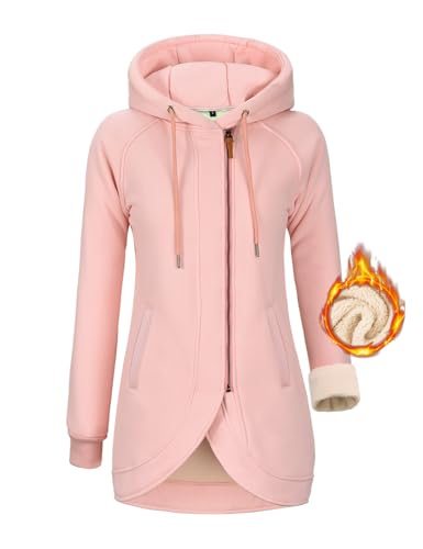 Lonya Damen Kapuzenjacke Zipper Hoodie Sweatjacke Fleecejacke Kapuzenpullover mit Zipper Fleece Gefüttert Jacke Winter Reißverschluss Übergangsjacke Casual Mantel, Rosa, XL von Lonya