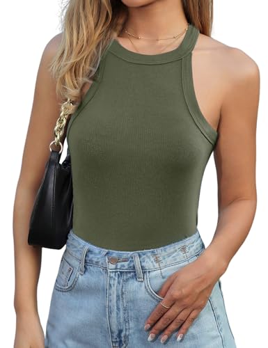 Lonya Damen Tank Top Neckholder Basic Cami Sexy Racerback Rippshirt Ärmellos Oberteile Sommer Rundhals Shirts Slim Fit Blusen, Grün, L von Lonya