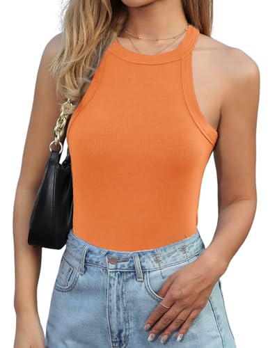 Lonya Damen Tank Top Neckholder Basic Cami Sexy Racerback Rippshirt Ärmellos Oberteile Sommer Rundhals Shirts Slim Fit Blusen, Orange, XL von Lonya