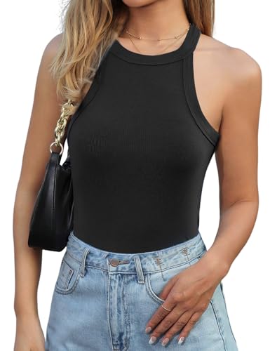 Lonya Damen Tank Top Neckholder Basic Cami Sexy Racerback Rippshirt Ärmellos Oberteile Sommer Rundhals Shirts Slim Fit Blusen, Schwarz, L von Lonya