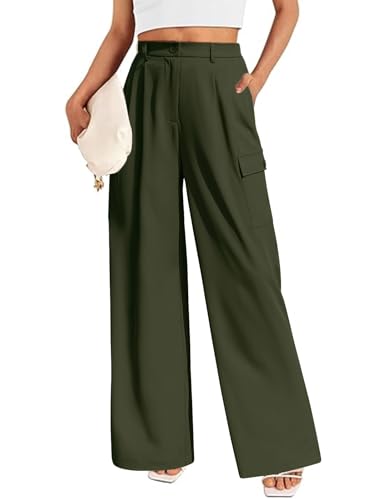 Lonya Damen Weite Hose Palazzo Hose Sommer Elegant Stoffhose Hohe Taille Anzughose Leicht Cargohose Baggy Bundfaltenhose mit Taschen, Grün, XL von Lonya