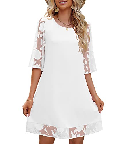 LookbookStore 3/4-Ärmel Kleid für Damen Shift Cute Sommer Tunika Floral Spitze Kleider, Weiß glänzend, Groß von Lookbook Store