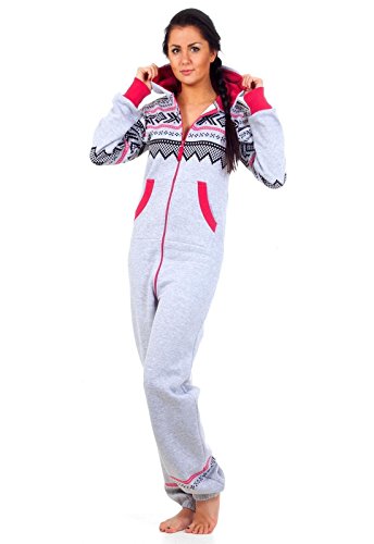 Loomiloo Onesie mit Norweger Muster Hellgrau M/L, Hausanzug Damen kuschelig, Einteiler Schlafanzug aus Polyester und Baumwolle von Loomiloo