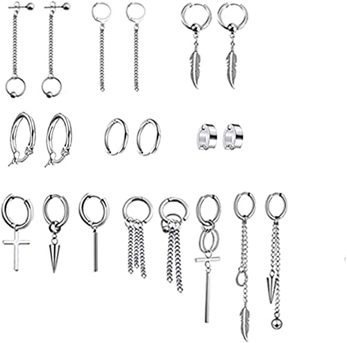 20 Pcs Ohrringe für Herren, Anhänger-Set mit Ohrringen mit Kette, Creolen Ohrringe aus Edelstahl für Herren, Unisex, Silber-(1.3-8.6cm) von Loopunk