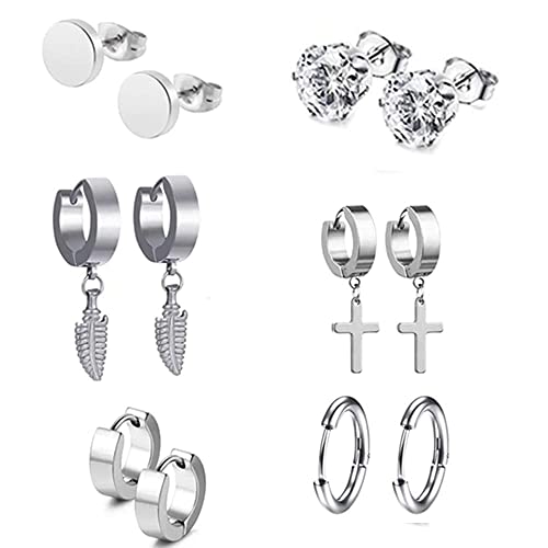 6 Pair Herren Edelstahl Ohrringe, Kreuz Ohrringe für Herren Damen Edelstahl Allergiefrei Herren Ohrringe Set Ohrschmuck Runde Coole Ohrstecker Tunnel(Silber) von Loopunk