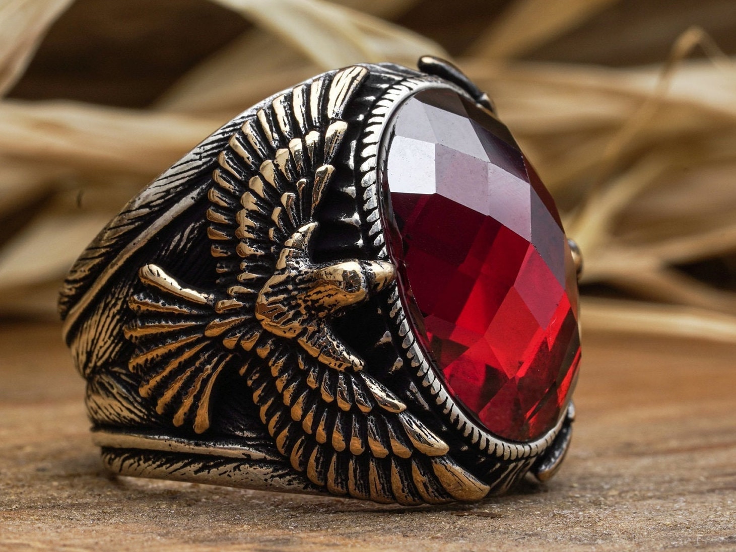 Roter Granat Ring/Freiheit Adler Herren Schmuck Naturstein Silber Ringe Geschenk Für Mann Freund von LordenSilver