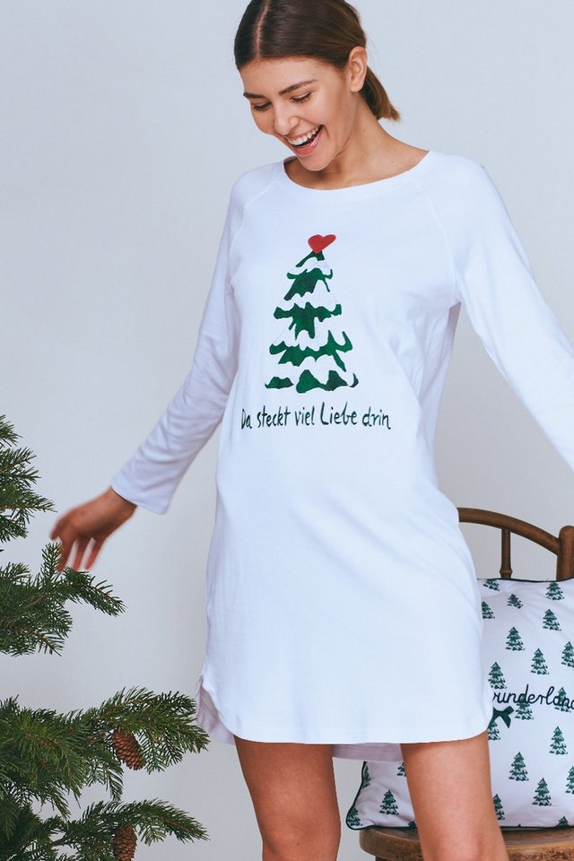 Louis & Louisa Schlafanzug Sleepshirt Damen - TANNENBAUM/VIEL LIEBE DRIN - weiß von Louis & Louisa