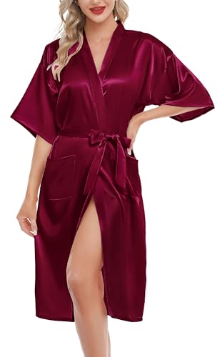 Lovasy Bademantel Damen Satin Japanisch Kimono Jacke Damen mit Gürtel Sexy Morgenmantel Leicht Pyjama für Hochzeit Braut Party,Lila Rot,XL von Lovasy