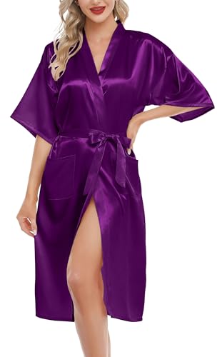 Lovasy Bademantel Damen Satin Japanisch Kimono Jacke Damen mit Gürtel Sexy Morgenmantel Leicht Pyjama für Hochzeit Braut Party,Violet,L von Lovasy