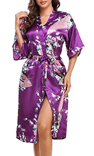 Lovasy Bademantel Damen Satin Japanisch Kimono Jacke Damen mit Gürtel Sexy Morgenmantel Leicht Pyjama für Hochzeit Braut Party,Violet,XL von Lovasy