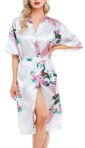 Lovasy Bademantel Damen Satin Japanisch Kimono Jacke Damen mit Gürtel Sexy Morgenmantel Leicht Pyjama für Hochzeit Braut Party,Weiß,M von Lovasy