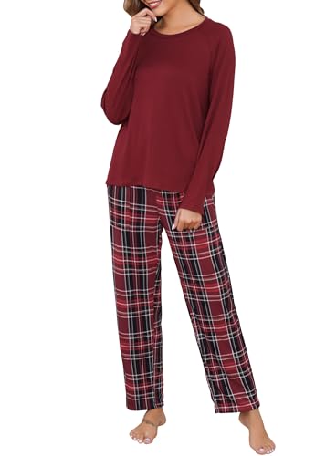 Lovasy Damen Schlafanzug Lang Schlafanzughose Kariert Pyjama Set Zweiteiliger Winter Baumwolle Schlafanzüge für Damen mit Taschen und Kordelzug,Dunkelrot,XL Lovasy Damen Schlafanzug Lang Schlafanzughose Kariert Pyjama Set Zweiteiliger Winter Baumwolle Schlafanzüge für Damen mit Taschen und Kordelzug,Dunkelrot,XL von Lovasy